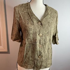 Briggs New York Blouse Womens Size 10 Button From Floral Shorts Sleeve Green
